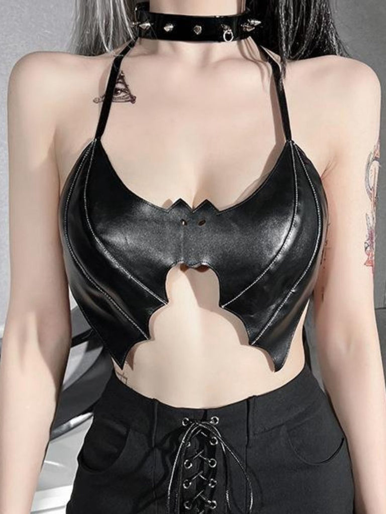 Schwarz 1980er Gothic Fledermaus Schnürung Halter Top