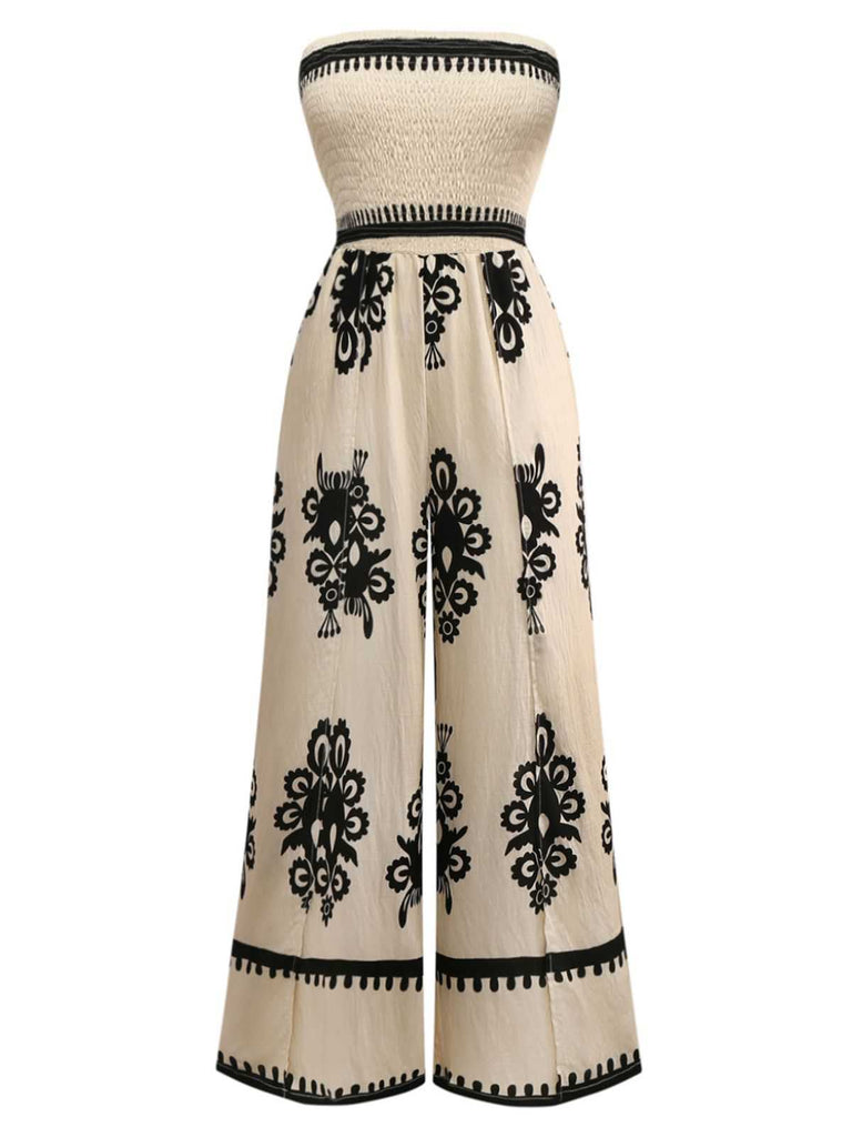 Aprikose 1970er Boho Trägerlos Gesmokt Jumpsuit