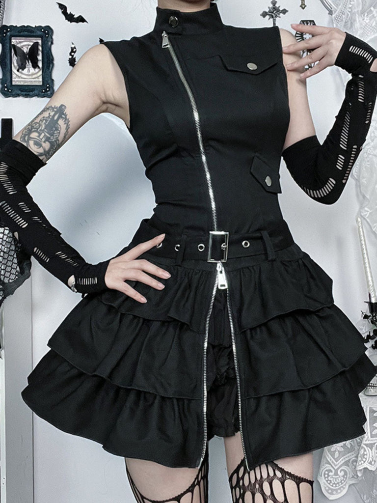 Schwarz 1980er Steampunk Solide Reißverschluss Gürtel Kleid