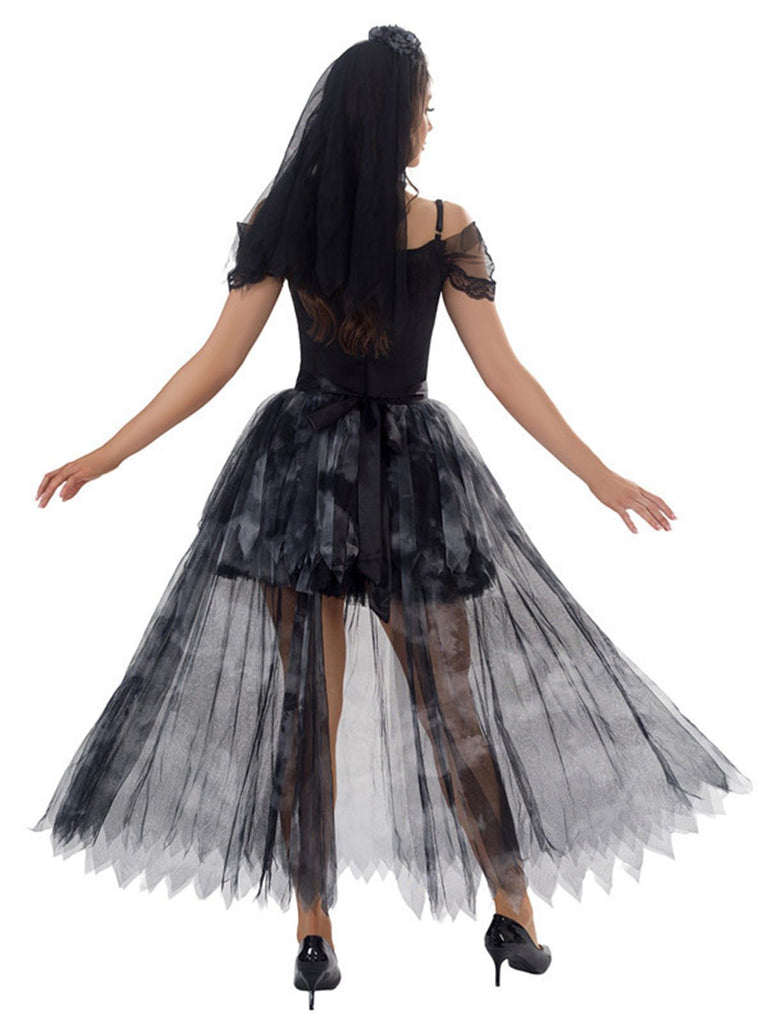 Schwarz 1970er Halloween Geisterbraut Tüll Kleid Set