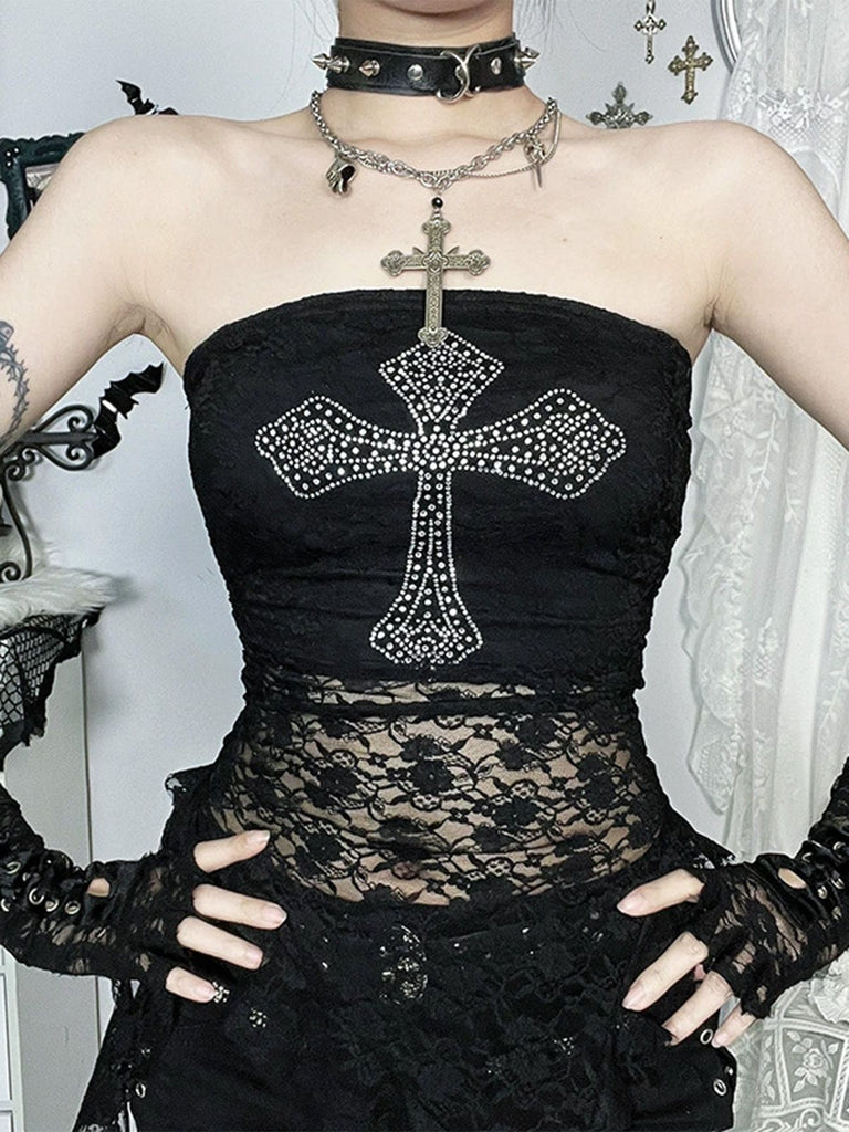 Schwarz 1980er Kreuzen Strassstein Spitze Trägerlos Tank Top
