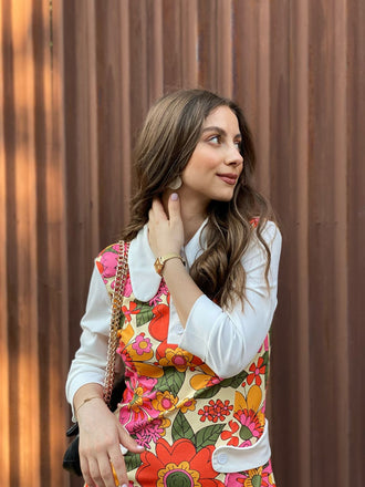 Orange 1960er Revers Blumen Patchwork Kleid