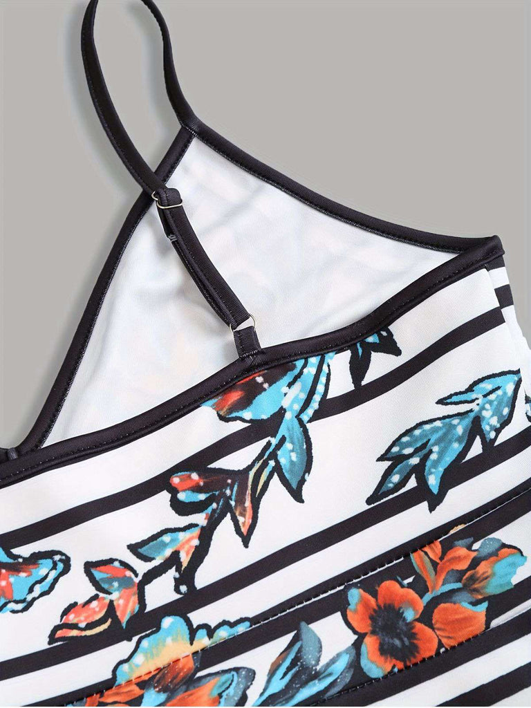 [Übergröße] Multicolor 1950er Blumen Spaghetti Träger Kleid