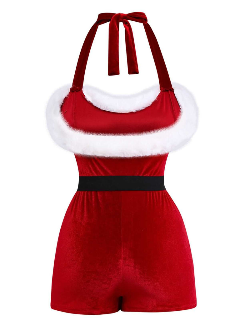 1970er Weihnachten Samt Faux Fur Trim Halter Romper Set