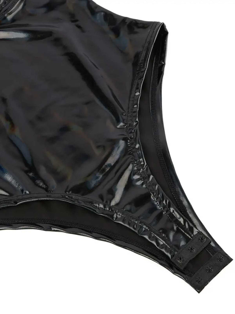 Schwarz 1980er Spaghetti Träger Leder Bodysuit