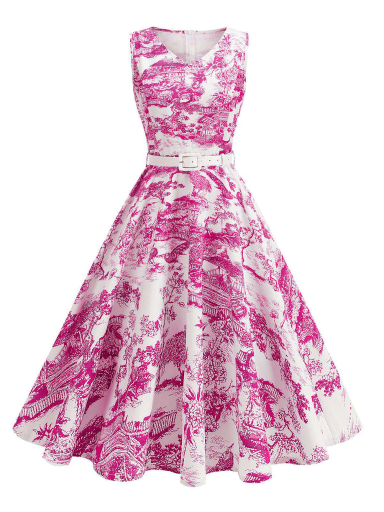 1950er Porzellan Landschaft Ärmellos Gürtel Kleid