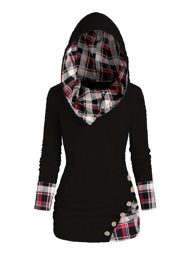 1940er Stricken Plaid Tasten Hooded Pullover