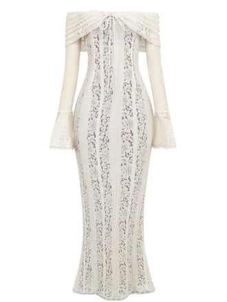 1930er Schulterfrei Spitze Trompetenärmel Maxi Meerjungfrauenkleid