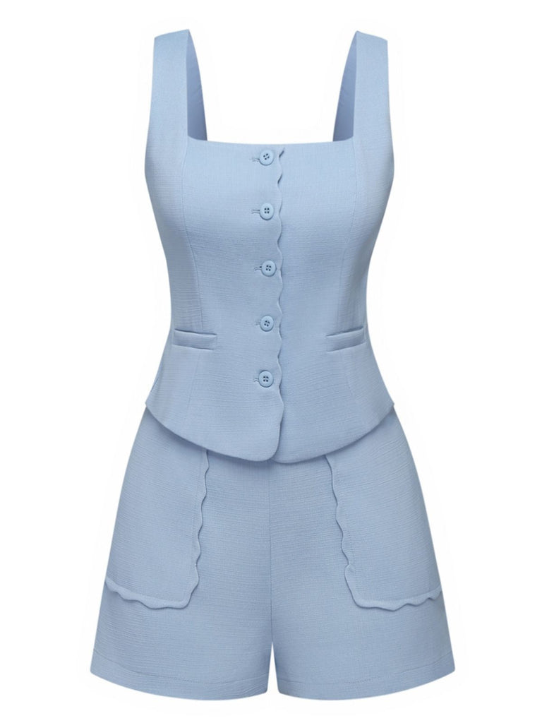 2PCS 1960er Breite Träger Tasten Quadratischer Hals Top & Shorts