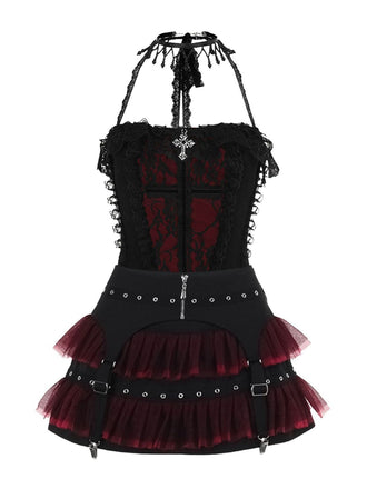 2PCS Schwarz 1980er Gothic Steampunk Halter Kreuz Camisole & Mini Rock