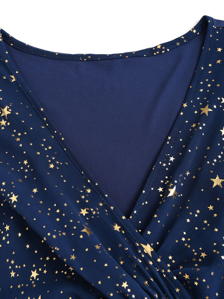 [Übergröße] Marineblau 1970er Stern Rüschen Volantärmel Kleid
