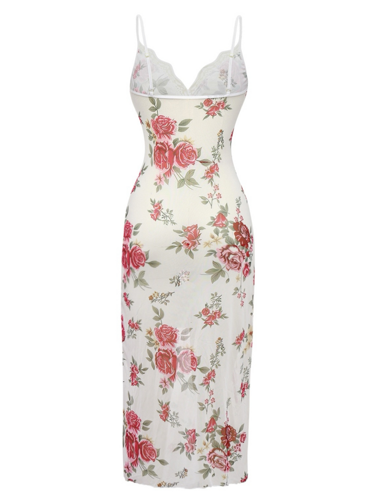 Weiß 1930er Spitze Blumen Netz Spaghetti Träger Nachthemd