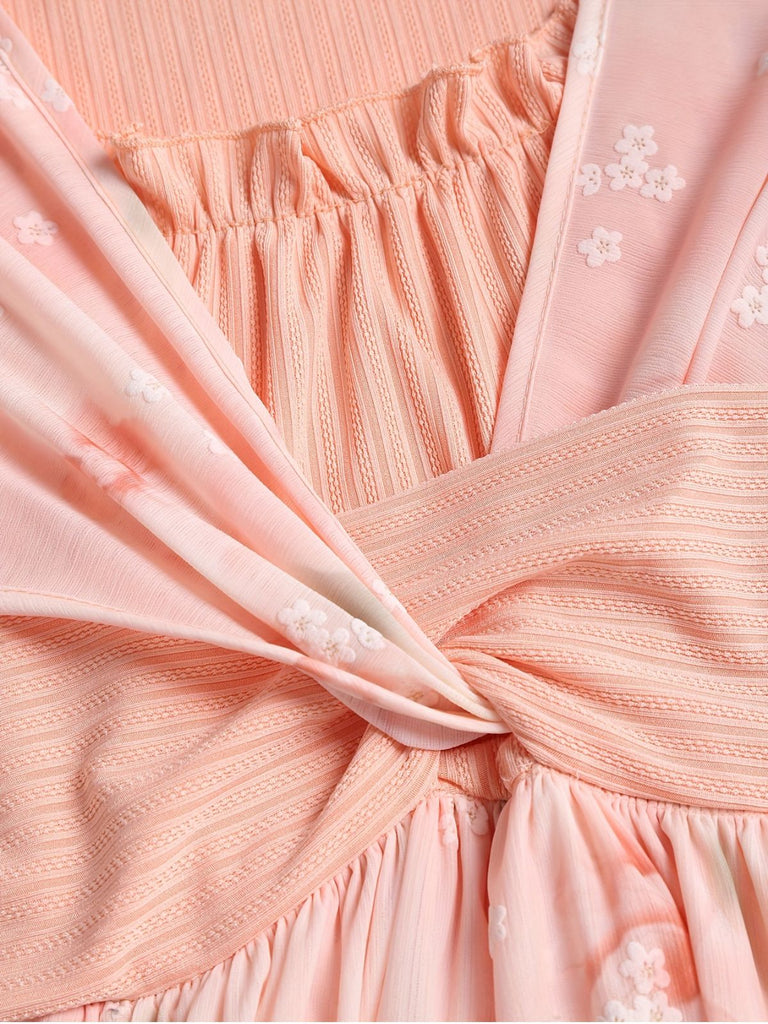 [Übergröße] Rosa 1970er Blumen Rüschen Unregelmäßigem Saum Kleid