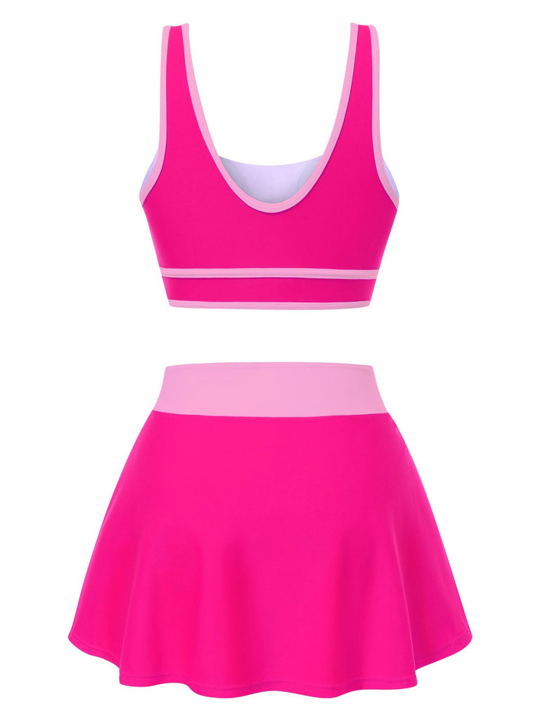 1940er Quadratischer Hals Seitenschlitz Farbblock Rock Bademode