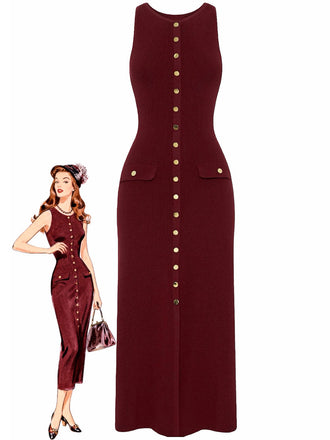 1960er Solide Ärmellos Einreihig Stricken Kleid