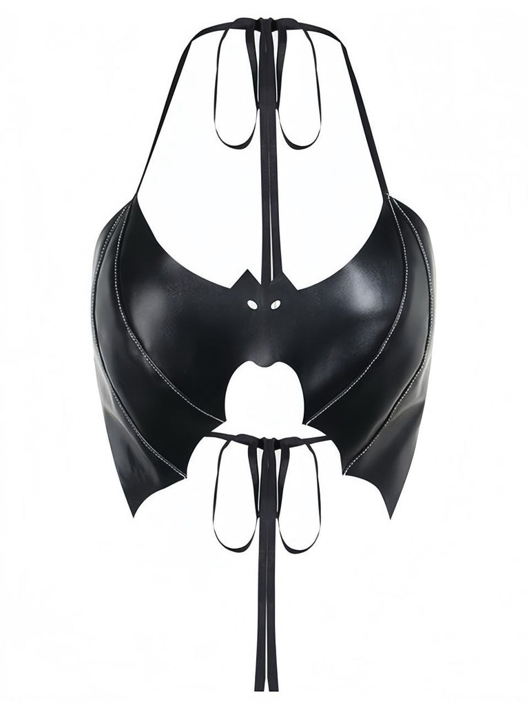 Schwarz 1980er Gothic Fledermaus Schnürung Halter Top