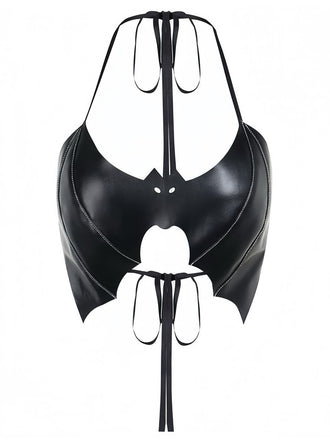 Schwarz 1980er Gothic Fledermaus Schnürung Halter Top