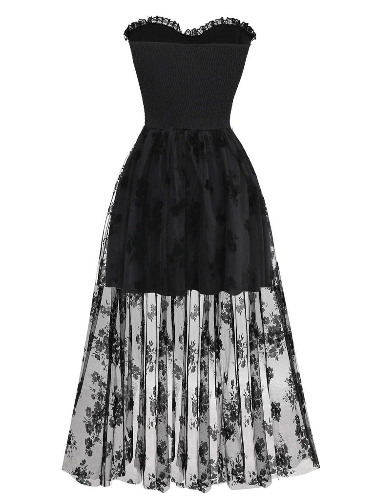 1970er Gothic Trägerlos Dunkle Braut Netz Korsett Kleid