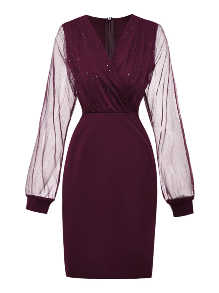 1960er Solide Glitzer V-Ausschnitt Netz Körperbetont Kleid