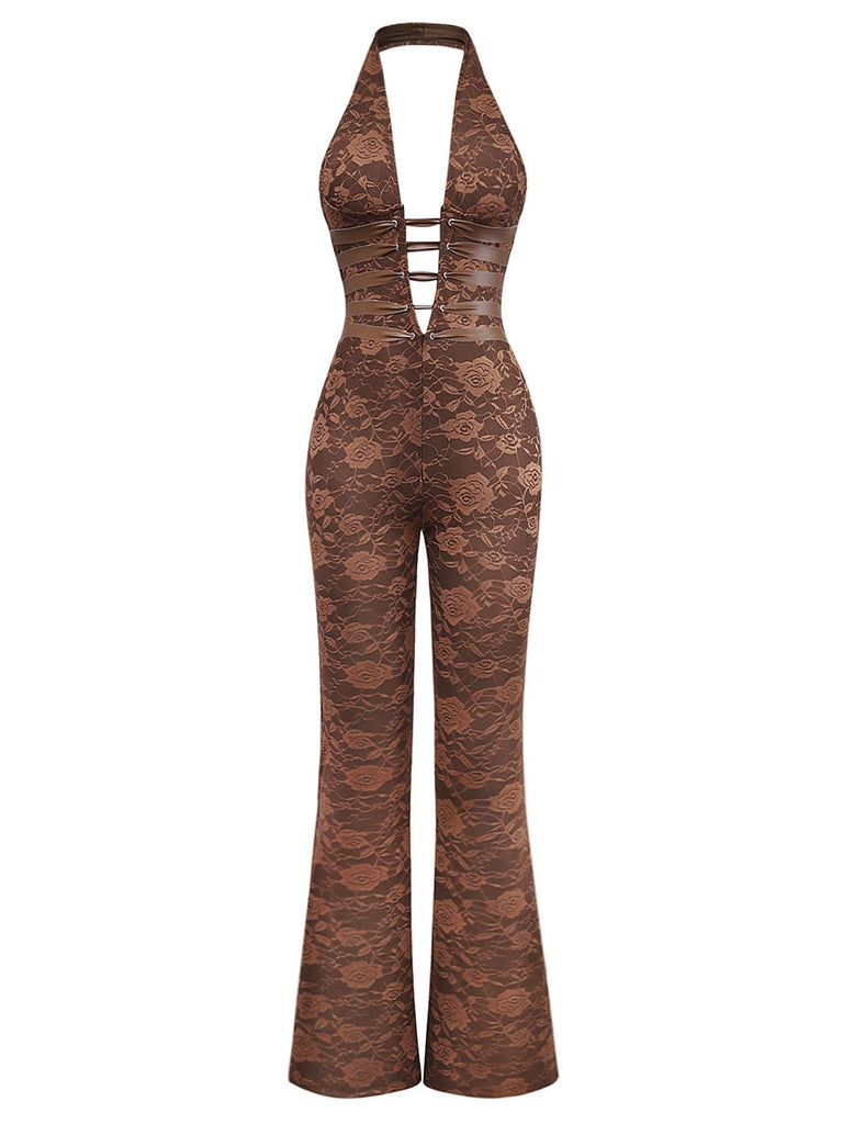 Braun 1970er Solide Schnürung Blumen Spitze Jumpsuit