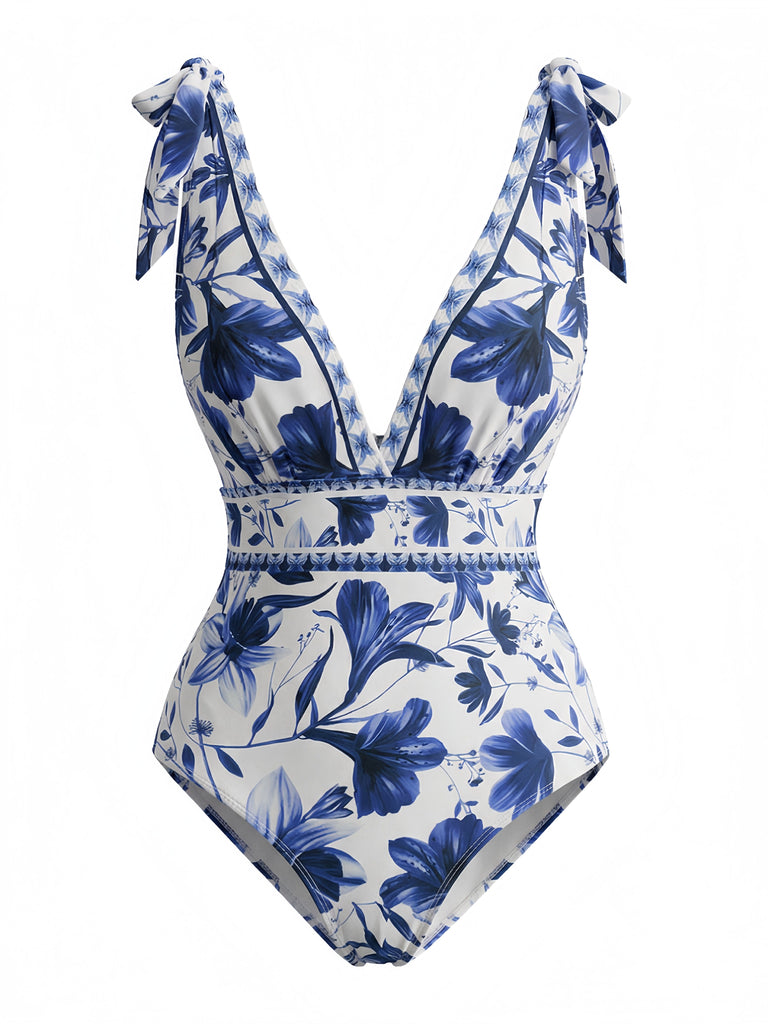 Blau 1940er Blumen Schulterband Einteiliger Badeanzug & Cover-Up