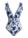 Blau 1940er Blumen Schulterband Einteiliger Badeanzug & Cover-Up