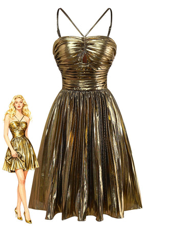 Gold 1960er Metallisch Plissiertes Hollow Party Träger Kleid