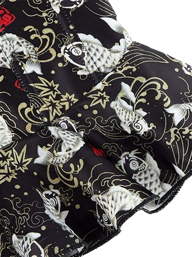 Schwarz 1970er Trägerlos Koi Fisch Drucken Rüschen Korsett