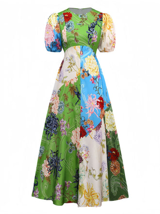 Grün 1940er Blumen Gekritzel Puffärmel Kleid