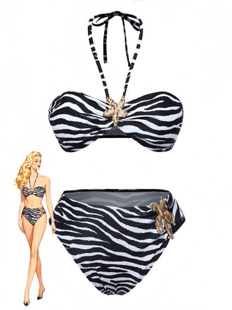 Schwarz & Weiß 1960er Zebra Druck Seestern Akzente Bikini Set