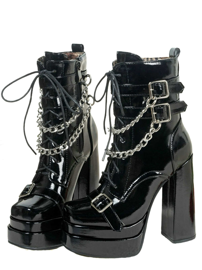 Schwarz Patent Chains Gothic High Heels Stiefel