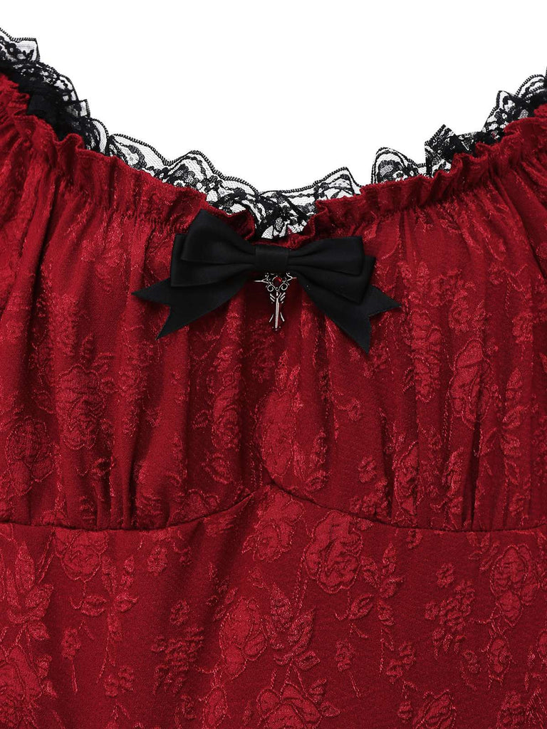 Rot 1970er Gothic Spitzen Bogen Schulterfrei Kleid