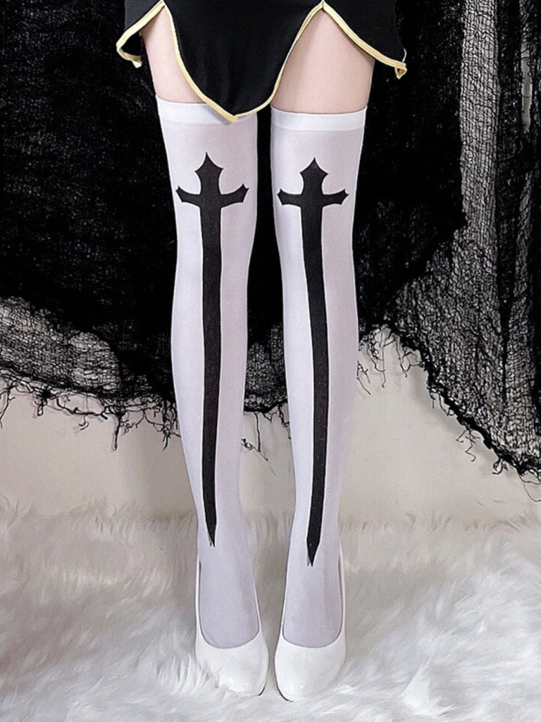 Halloween Kreuzen Drucken Schenkelhohe Strümpfe