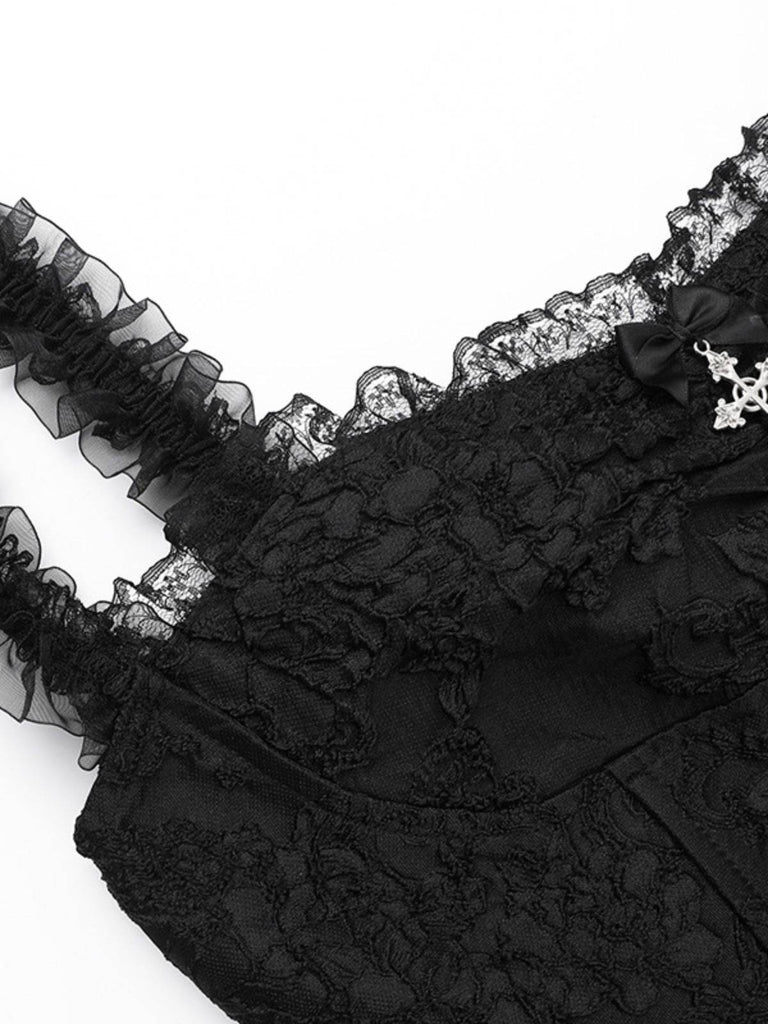 Schwarz 1950er Quadratischer Hals Spitze Kreuzen Bubble Kleid