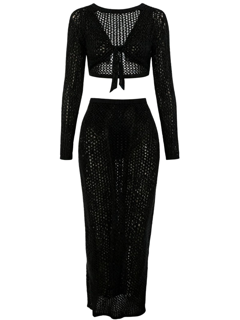 2PCS 1960er Häkel Langarm Strand Cover-Up Set