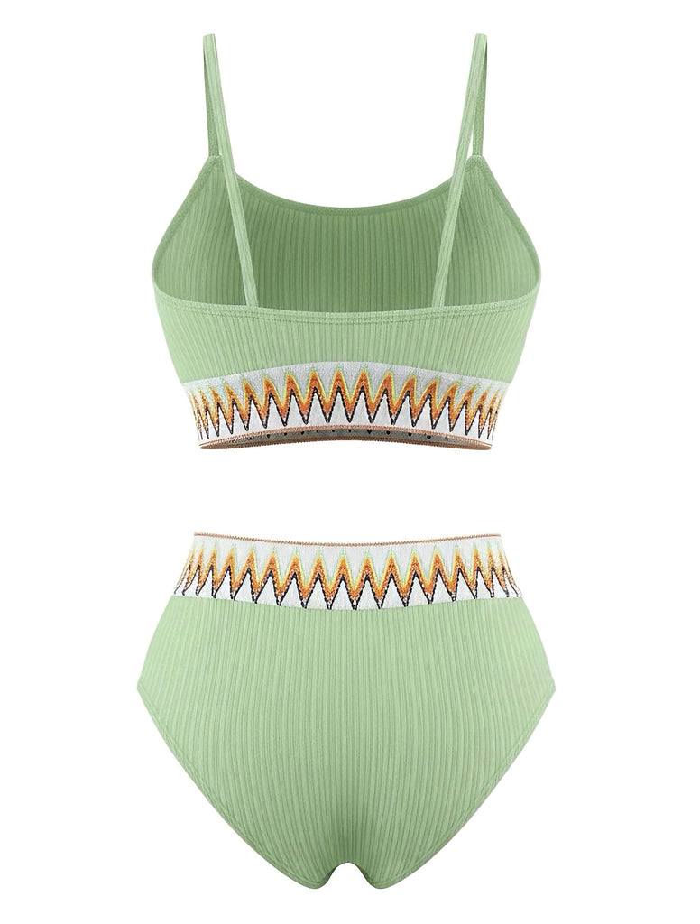 1950er Zigzag Muster Hochgeschnitten Gerippt Bikini Set