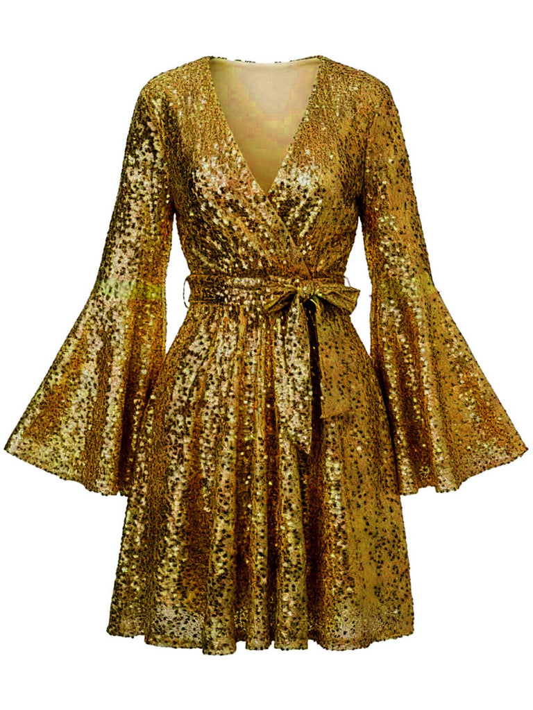 1970er V-Ausschnitt Schlagärmel Pailletten Disco Kleid