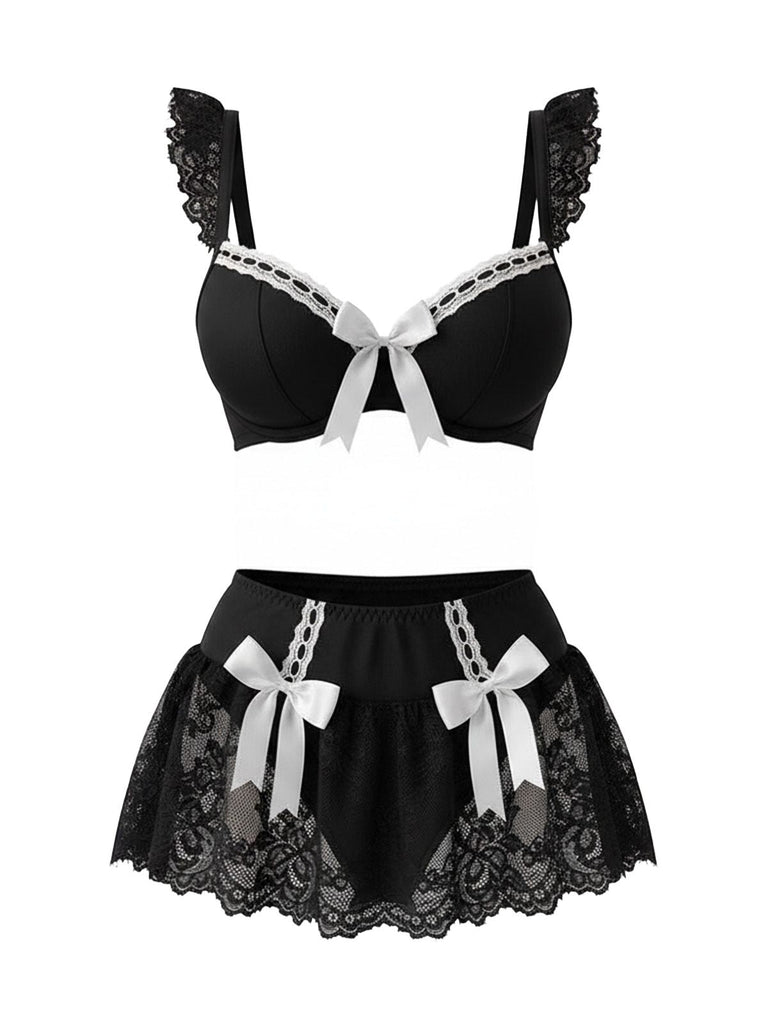 1980er Spitze Bogen Maid Kostüm Loungewear Set