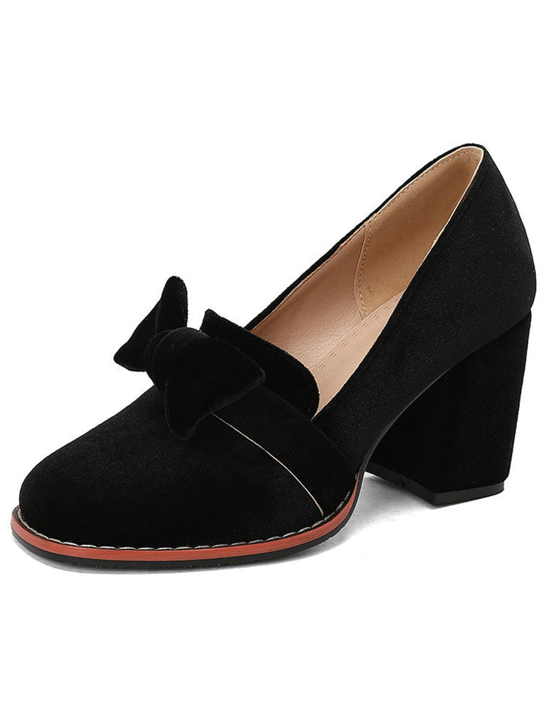 Solide Samt Bogen Detail Block Absatz Schuhe