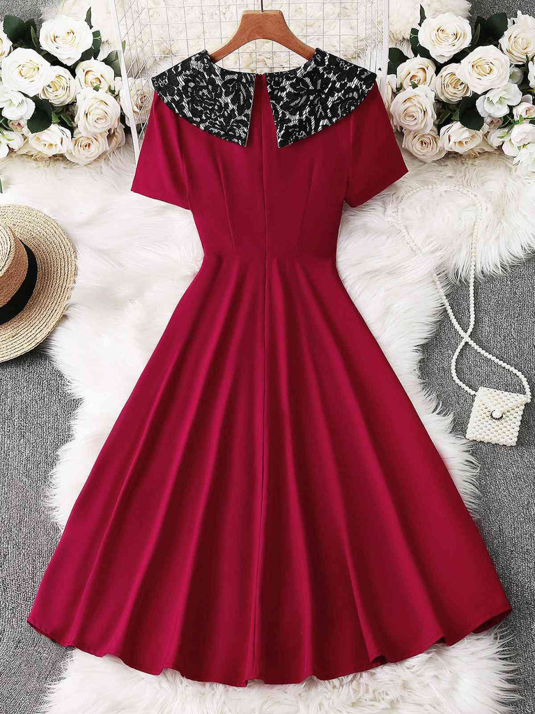 Rot 1950er Spitze Blumen Matrosen Kragen Swing Kleid