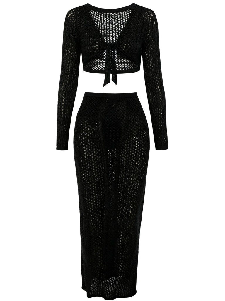 2PCS 1960er Häkel Langarm Strand Cover-Up Set