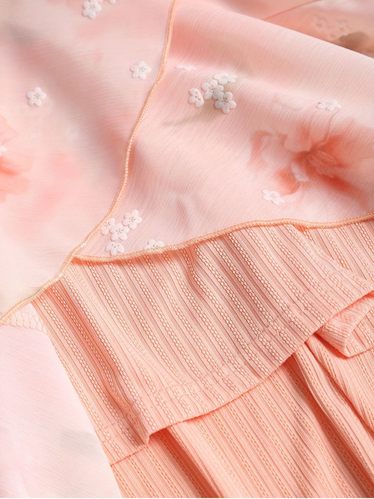 [Übergröße] Rosa 1970er Blumen Rüschen Unregelmäßigem Saum Kleid