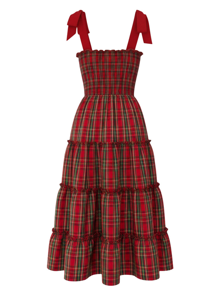Rot 1940er Weihnachten Plaid Schnürung Kleid