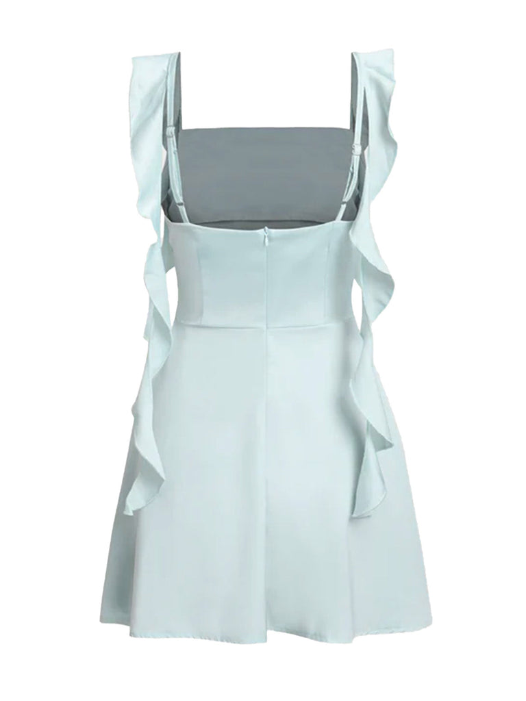 1980er Solide Rüschen Träger Quadratischer Hals Kleid