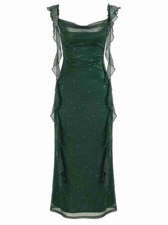 Grün 1920er Funkeln Netz Rüschen Rückenfrei Kleid