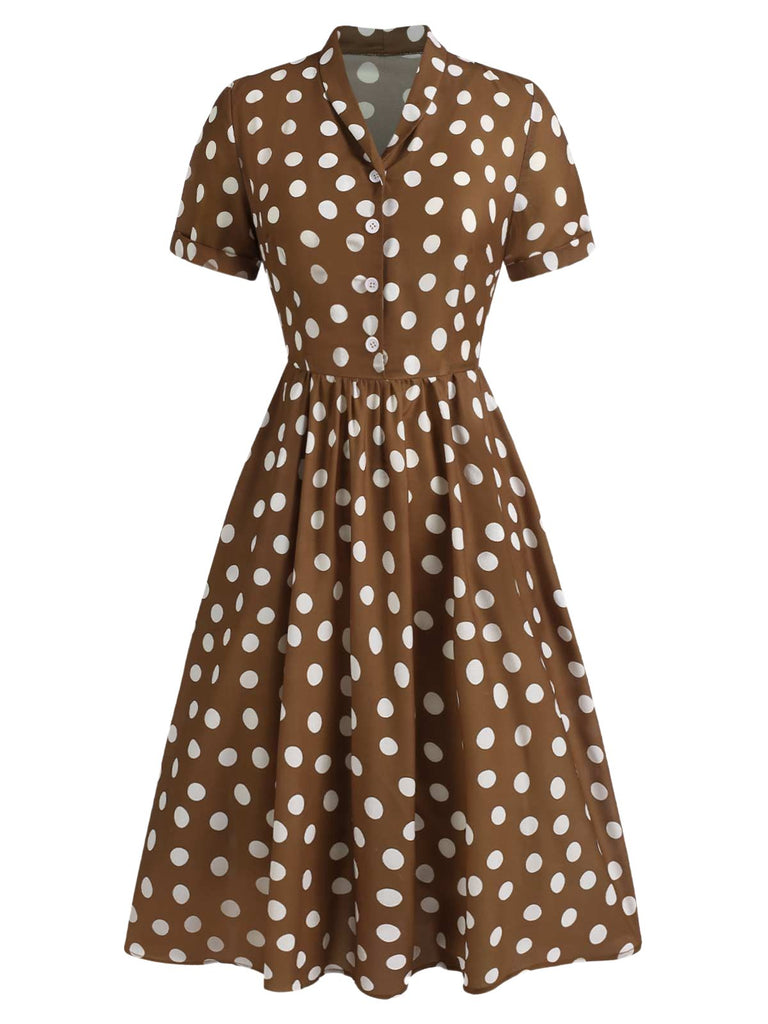 [Vorverkauf] Braun 1940er Revers Knöpfen Polka Dots Kleid