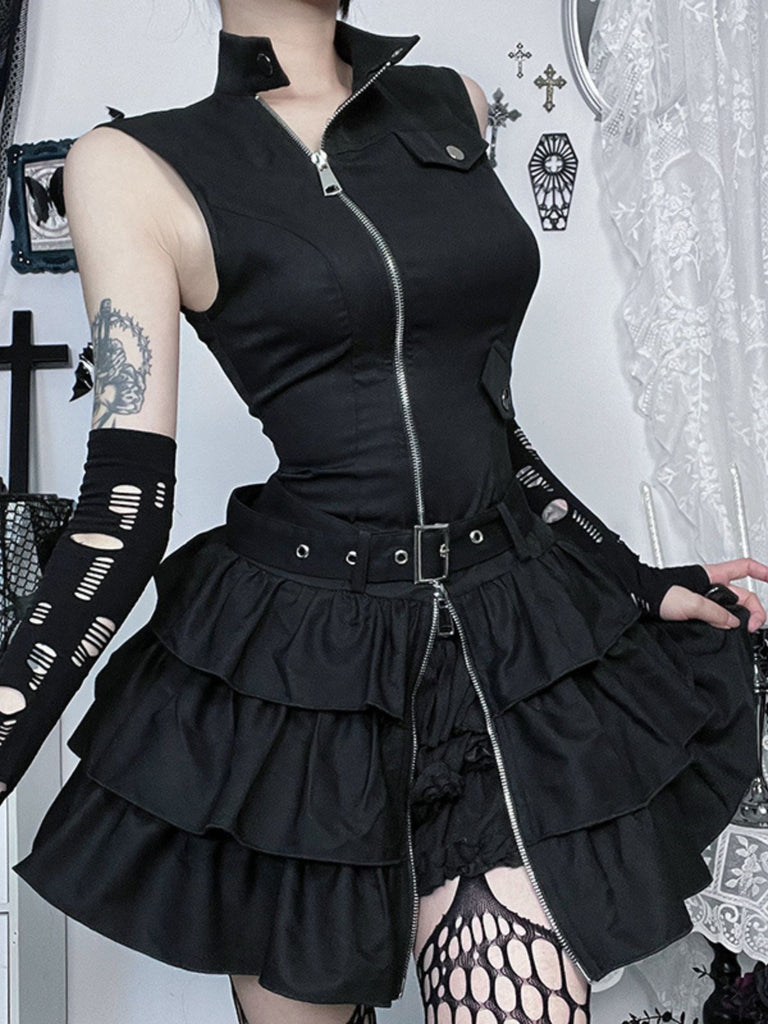 Schwarz 1980er Steampunk Solide Reißverschluss Gürtel Kleid