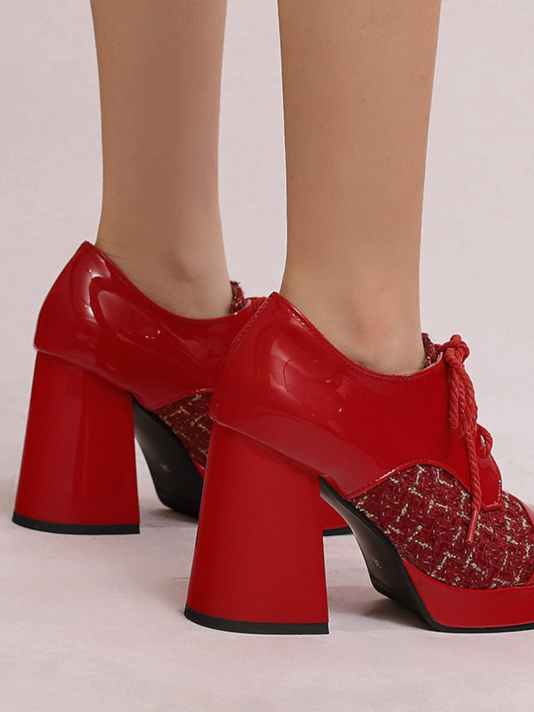 Mary Jane Kariert Quadratisch Zehen Block Absatz Schuhe