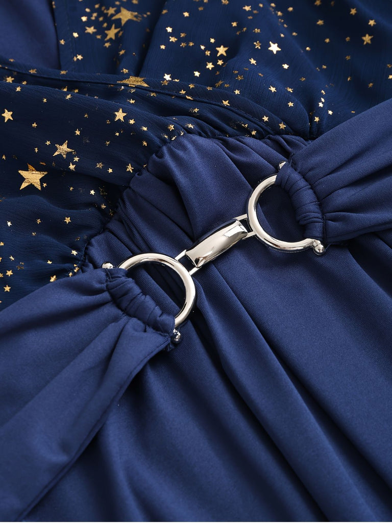 [Übergröße] Marineblau 1970er Stern Rüschen Volantärmel Kleid