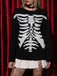 Schwarz 1950er Halloween Skeleton Druck Strick Pullover